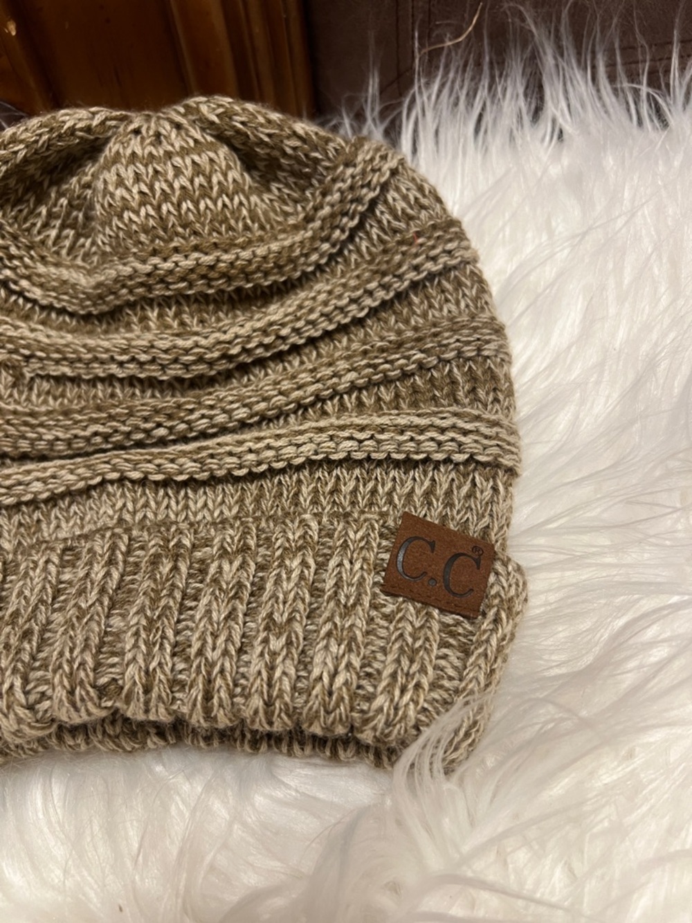 C.C Marled Knit Beanie in Taupe and Cream - Picture 7 of 7